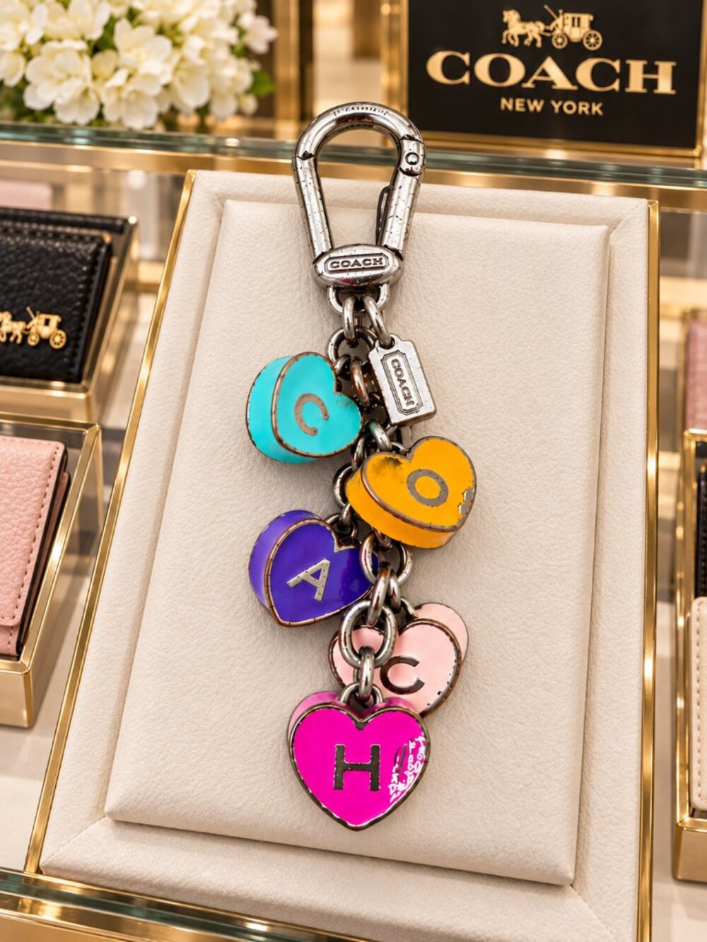 COACH POPPY Multicolor Heart Charm Keychain Bag Charm Silver Tone RARE LIMITED